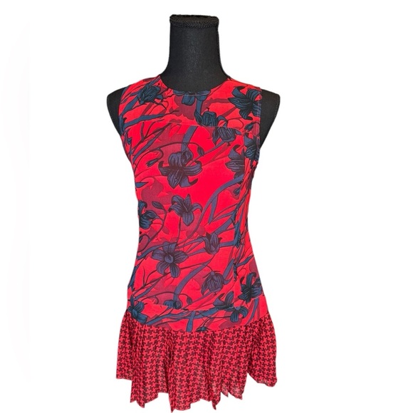 Abercrombie & Fitch Red Floral Houndstooth Pleated Mini Dress | Size 00 C105 - Picture 1 of 10
